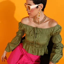 fuchsia PRETTY LOVING THING Smoked Details Off-Shoulder Puff Sleeves Crop Blouson Top-picture-15