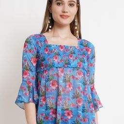Popwings Blue Floral Print Chiffon Smocked Peplum Top-picture-39