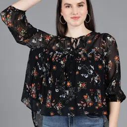 Amagyaa Black Floral Print Tie-Up Neck Ruffles Chiffon Top-picture-15