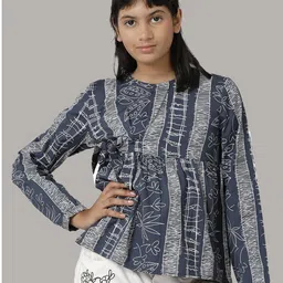 UNDER FOURTEEN ONLY Blue Print Mandarin Collar Cotton Top-picture-51