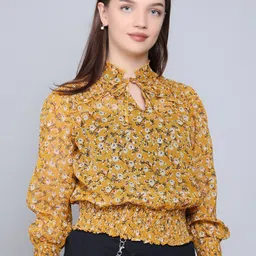 Baawri Floral Printed Tie-Up Neck Cuffed Sleeves Georgette Blouson Top image 1