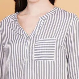 IX IMPRESSION Striped Mandarin Collar Cotton Top image 2