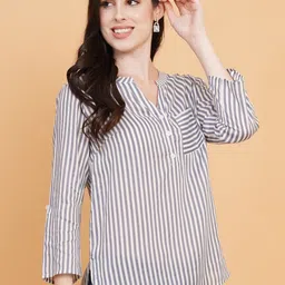 IX IMPRESSION Striped Mandarin Collar Cotton Top image 3