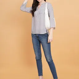 IX IMPRESSION Striped Mandarin Collar Cotton Top image 5