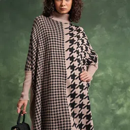 Tokyo Talkies Brown Houndstooth Printed Turtle Neck Longline Acrylic Pullover-picture-24