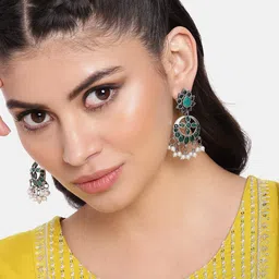 AITIHYA Silver-Plated Oxidised Contemporary Artificial Stones Drop Earrings image 1