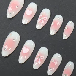 Secret Lives Set Of 24 Artificial Reusable Glossy 3D Stone Press On Nails - White & Pink image 2