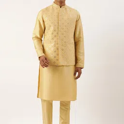TheEthnic.Co Mandarin Collar Long Sleeves Kurta With Pyjamas & Mirror Work Nehru Jacket-picture-32
