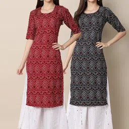 7threads KALINI Women Pack of 2  Red & Black Ethnic Motifs Printed Crepe Kurta image 1