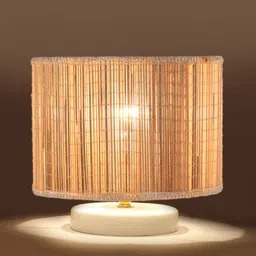 Devansh Beige & White Textured Bamboo Table Lamp With Wooden Base image 3