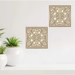 VAS collection home 2-Pcs Beige Floral Carved Pattern Square Wooden Wall Hangings-image-40