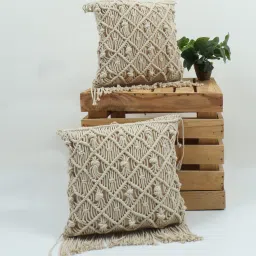 Cream Woven Macrame Handmade Knitted 16 x 16 Inches Cushion Covers (Pack of 2) by Grhamoy image 1
