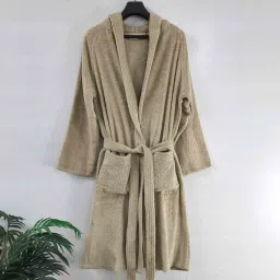 loomkart Beige Solid Cotton Unisex Bath Robe (L) image 1