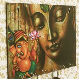 eCraftIndia Green & Brown Lord Ganesha Wooden Key Holder with 6 Hooks-image-57