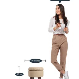 THE HOME CO. Cream-Colored Wooden Round Sitting Pouffe Ottoman Stool image 4