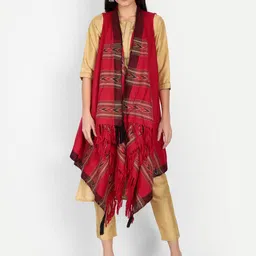 Zamour Women Maroon & Black Tasselled Longline Bohemian Woollen Shrug-picture-31