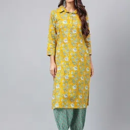 Janasya Floral Printed Pure Cotton Kurta with Trousers-picture-3