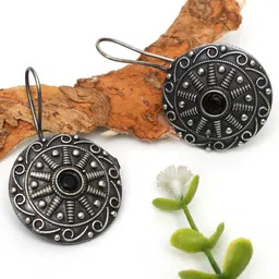 Ozanoo Brass Plated Circular Stone Studded Drop Earrings image 2