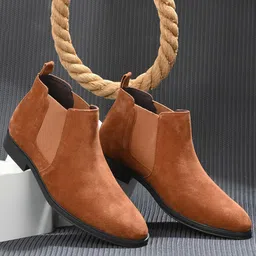 San Frissco Men Tan Brown Solid Suede Leather Slip On Casual Chelsea Boots-picture-29