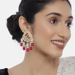 LAIDA Maroon Gold-Plated Kundan-Studded Teardrop Shaped Drop Earrings-picture-23