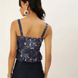 Veni Vidi Vici Navy Blue & White Floral Printed A-Line Pleated Crop Top image 4