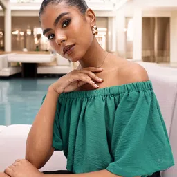 DressBerry Refreshing Green Off-Shoulder Gathered Crop Top image 1