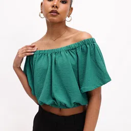 DressBerry Refreshing Green Off-Shoulder Gathered Crop Top image 2