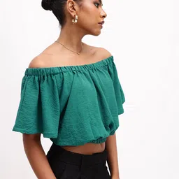 DressBerry Refreshing Green Off-Shoulder Gathered Crop Top image 4
