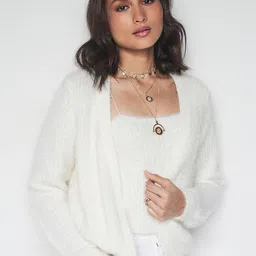 AND Women Striped with Fuzzy Detail Open Front Sweater with Crop Top-picture-16