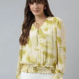 Latin Quarters Printed Tie-Up Neck Blouson Top-image-0