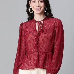 Oxolloxo Self Designed Tie-Up Neck Puff Sleeves Sheer Peplum Top-picture-20