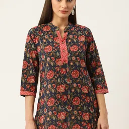 FABRIC FITOOR Navy Blue & Peach-Coloured Floral Printed Pure Cotton Kurti-picture-17