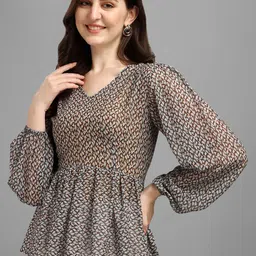 masakali.co Masakali Co Brown Geometric Print Bishop Sleeves Georgette Cinched Waist Top-picture-26