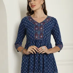 Rajnandini Ethnic Motifs Printed V-Neck Pleated Pure Cotton A-Line Kurti-picture-48
