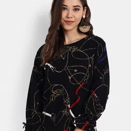 BROADSTAR Black & Brown Abstract Printed Round Neck Bell Sleeves Regular Top-picture-10