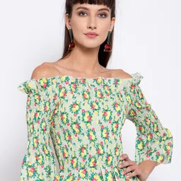 iki chic Green & Yellow Floral Off-Shoulder Smocked Bardot Top-image-57