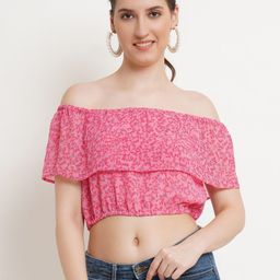 Popwings Floral Printed Off-Shoulder Georgette Bardot Crop Top-picture-1