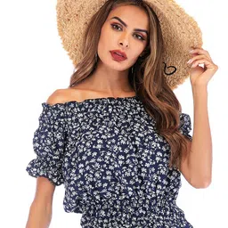 StyleCast Navy Blue Floral Print Off-Shoulder Bell Sleeve Bardot Top image 1