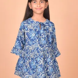 misbis Girls Floral Print Tie Up Neck Bell Sleeve Peplum Cotton Top-picture-56