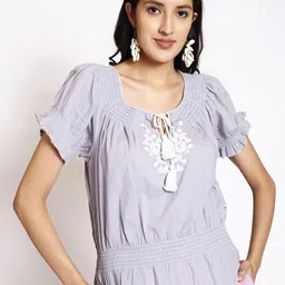 250 DESIGNS Floral embroidered Tie-Up Neck Puff Sleeves Cotton Cinched Waist Top-picture-13
