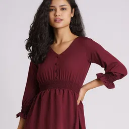 AASK Brown Bishop Sleeves Smocked Crepe Empire Top-picture-39