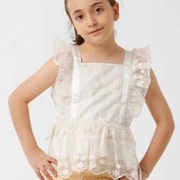 KATE & OSCAR Girls Square Neck Flutter Sleeve Cotton Embroider Lace Peplum Top-picture-3