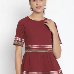 Marc Loire Maroon & White Embroidered Crepe A-Line Top-picture-38