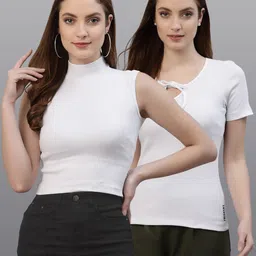 Friskers Pack Of 2 White Solid Cotton Fitted Tops-image-11