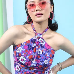 Tokyo Talkies Floral Print Halter Neck Crop Top-image-9