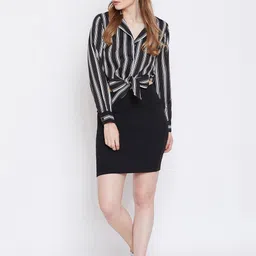 Zastraa Vertical Stripes Shirt Collar Cuffed Sleeves Top-picture-0