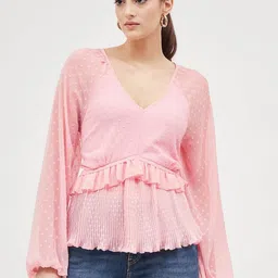Harpa Self Designed Ruffled V-Neck Cuff Sleeve Chiffon Cinched Waist Top image 1