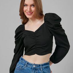 Style Quotient Sweetheart Neck Fringed Crepe Crop Top-picture-10
