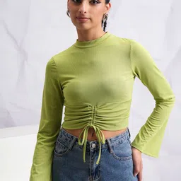 Tokyo Talkies Green Rib Mock Neck Ruched Bell Sleeves Fitted Crop Top-image-58