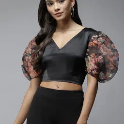 PANIT Black & Red Floral Print Satin Blouson Crop Top image 1